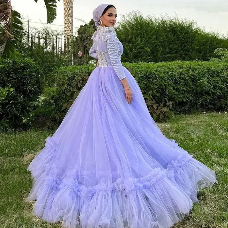 Lavender Long Sleeve Prom Dress - Elegant Ruffled Evening Gown for Muslim  Women