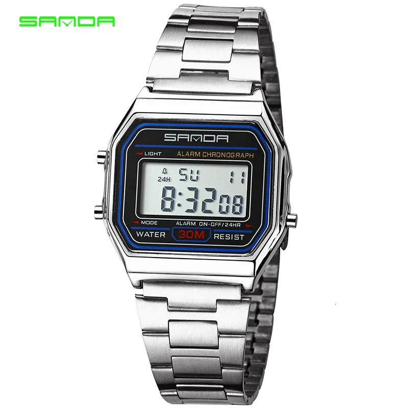 Other Watches SANDA Luxury LED Digital Silver Watches Men Super Thin Sports Men's Stainless Steel Military Waterproof Wristwatches Relojes 230619