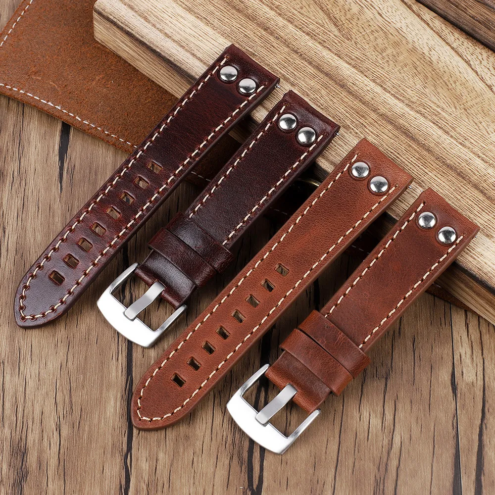 Watch Bands Double Row Hole Leather Straps 20mm 22mm High Quality Genuine Leather Rivets Watchband Men Replacement Watch Strap Bracelet 230619