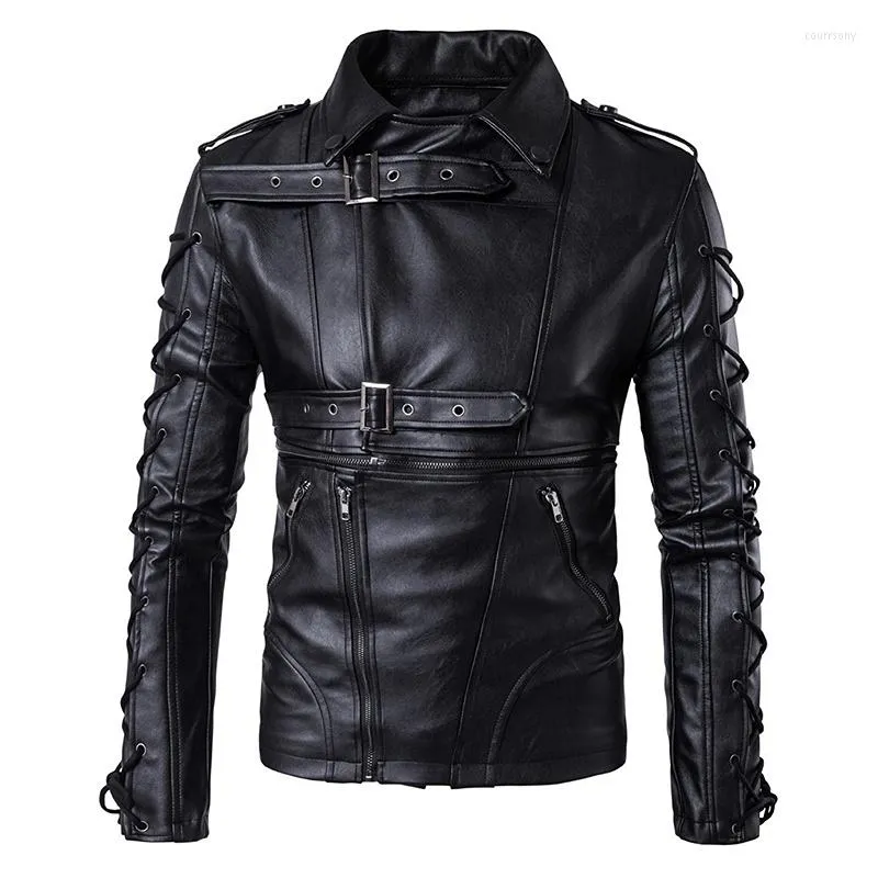 メンズジャケット高品質の柔らかいPUメンレザージャケットアウトウェアジッパードローストリングブラックオスオートバイバイカーコートM-5XL