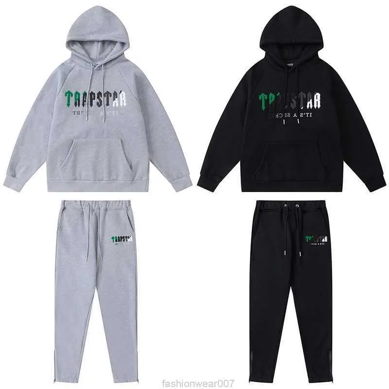 Designer Abbigliamento moda Tute da uomo Felpe con cappuccio Trapstar Verde Nero Asciugamano Ricamo Peluche Felpa con cappuccio Chiusura con cerniera Pantaloni Pantaloni casual Felpa con cappuccio Set Rock Hip hop Cott