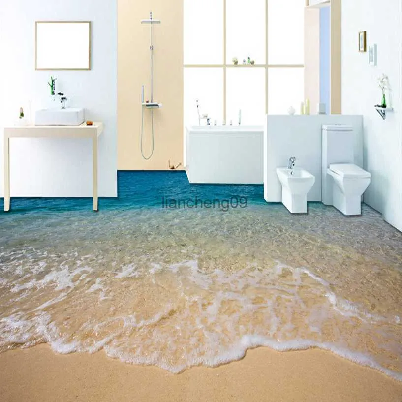カスタム3Dビーチ海水リビングルームベッドルームバスルーム床壁画自己粘着性ビニール壁紙ホームデコレー
