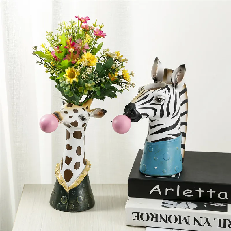 Decorative Objects Figurines Resin Animal Head Vase Lovely Flower Pot Bubble Gum Room Decoration Simulation Zebra Panda Deer Creative Crafts Decor 230620