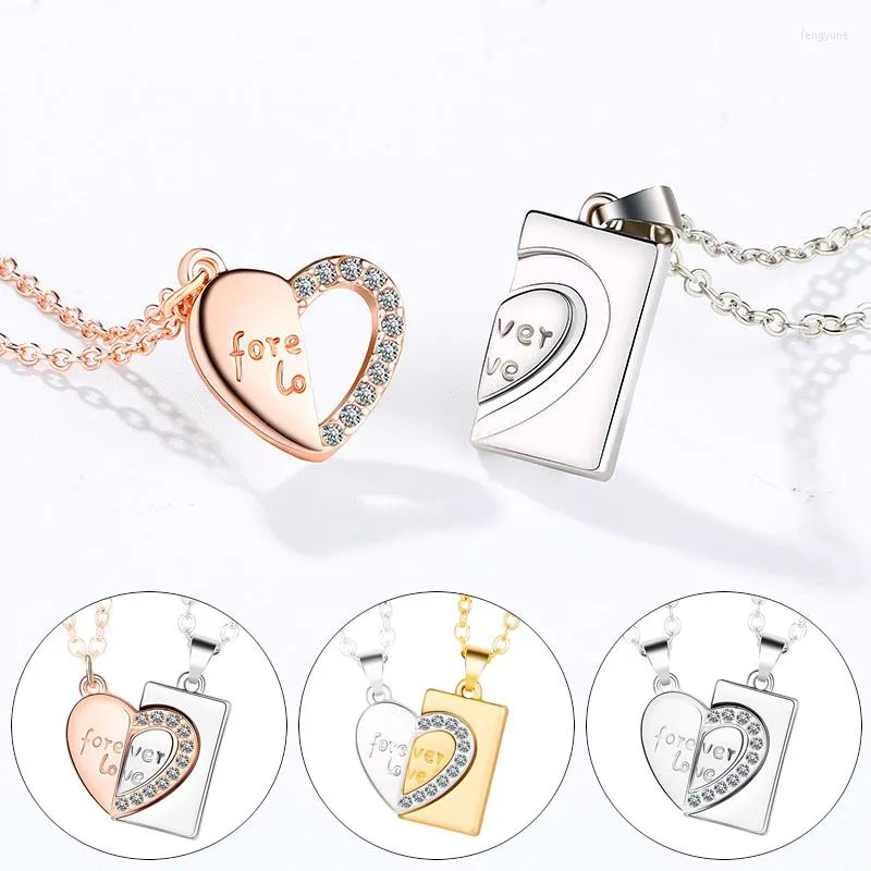 Pendant Necklaces Lovecryst 2pcs/set Rhinestone Love Lock Stitching Couple Necklace For Men And Women Valentine's Day Gift