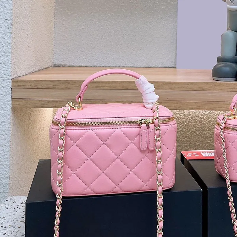 Leather Vanity Box Bag with Gold Hardware Chain Crossbody Shoulder Handbag Cosmetic Case Card Holder 11CM 18CM
