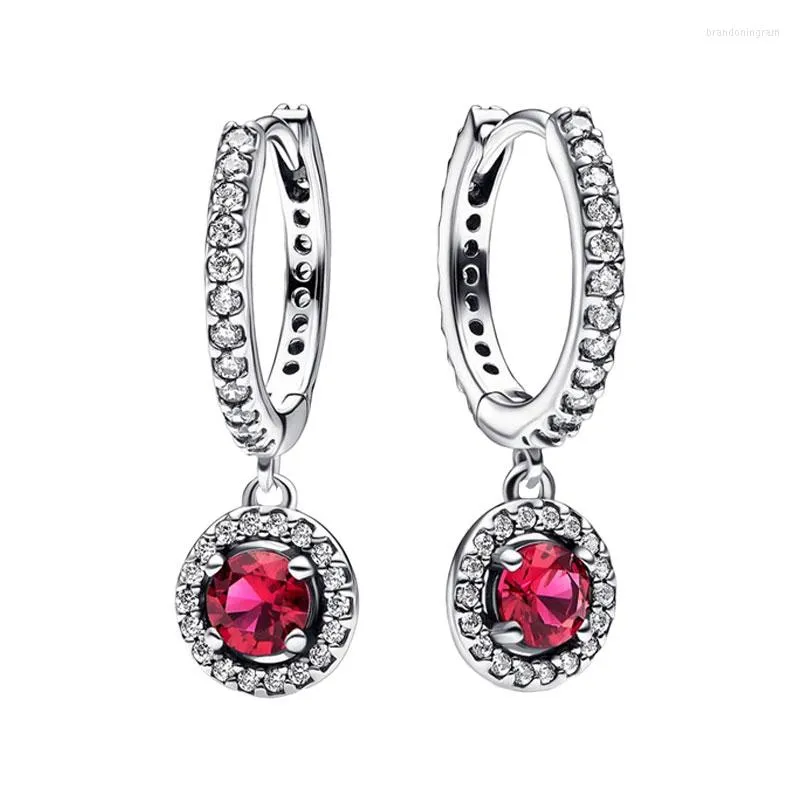 Hoop Earrings Dangle Red Round Crystals For Women 925 Sterling Silver Original Fine Jewelry Pave Setting Clear Zircons Love Gift