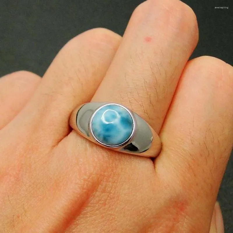 Cluster Rings 925 Sterling Silver Natural Dominica Larimar Round Ring Womens Jewelry For Engagement Wedding Gift