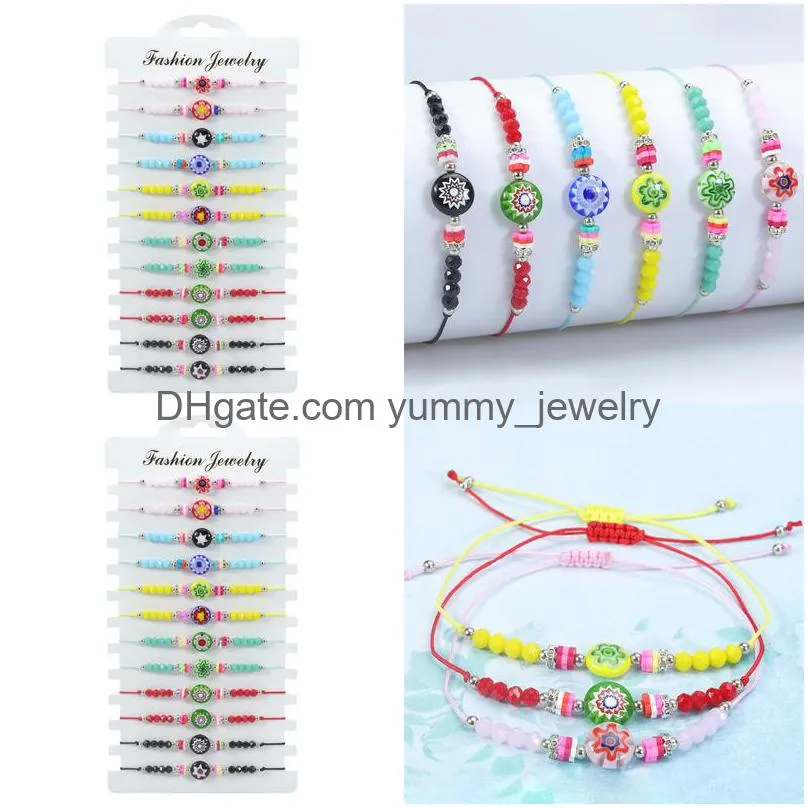 Charm Bracelets 12Pc/Set Contas de Cristal Pulseira Girassol Mão Vento Corda Ajustável Conjunto Trançado Drop Delivery Othzo