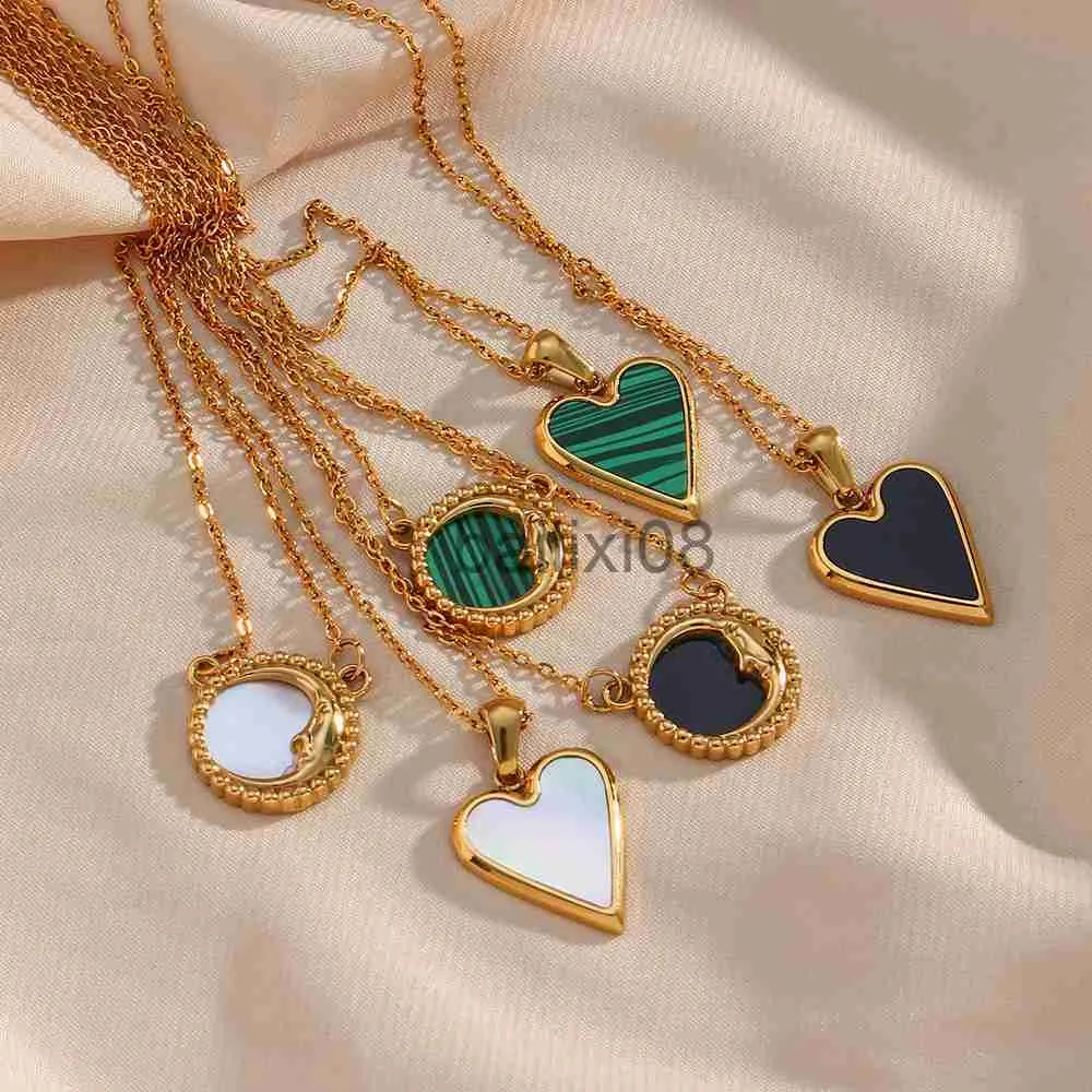 Pendant Necklaces 2021 New White Blk Green Shell rylic Moon Mirror Heart Shape Pendant Neckle Stainless Steel Gold Plated Neckle For Lady J230620