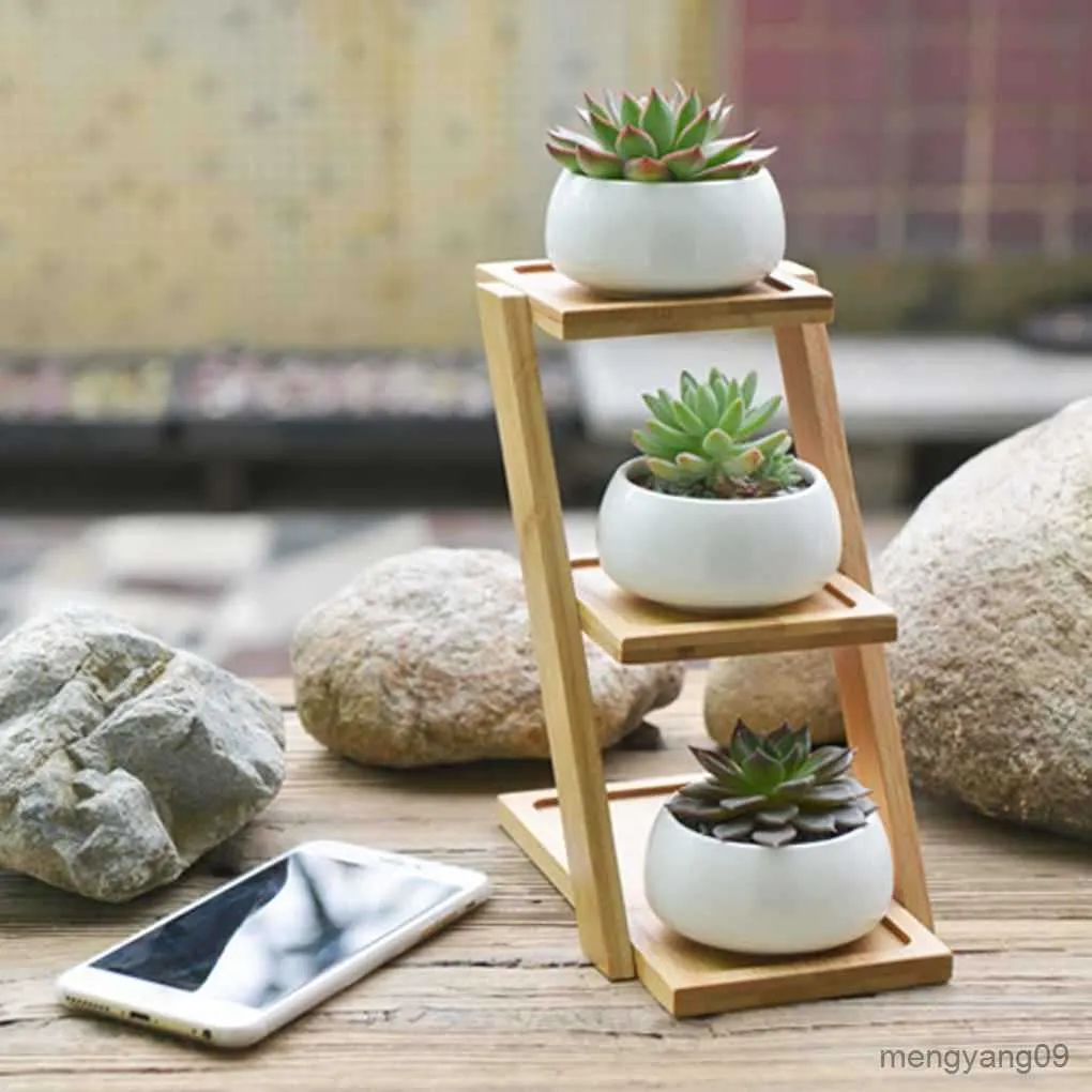 Small Round White Ceramic Succulent Ladder Planter With Bamboo Tray For ...