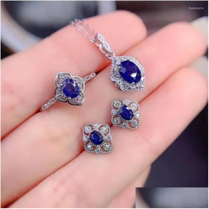 Earrings Necklace Set Royal Blue Imitate Sapphire Stone Jewelry Sier Color Flower Shape Earring Ring Wedding Eengagement Bridal Gi Dh6He