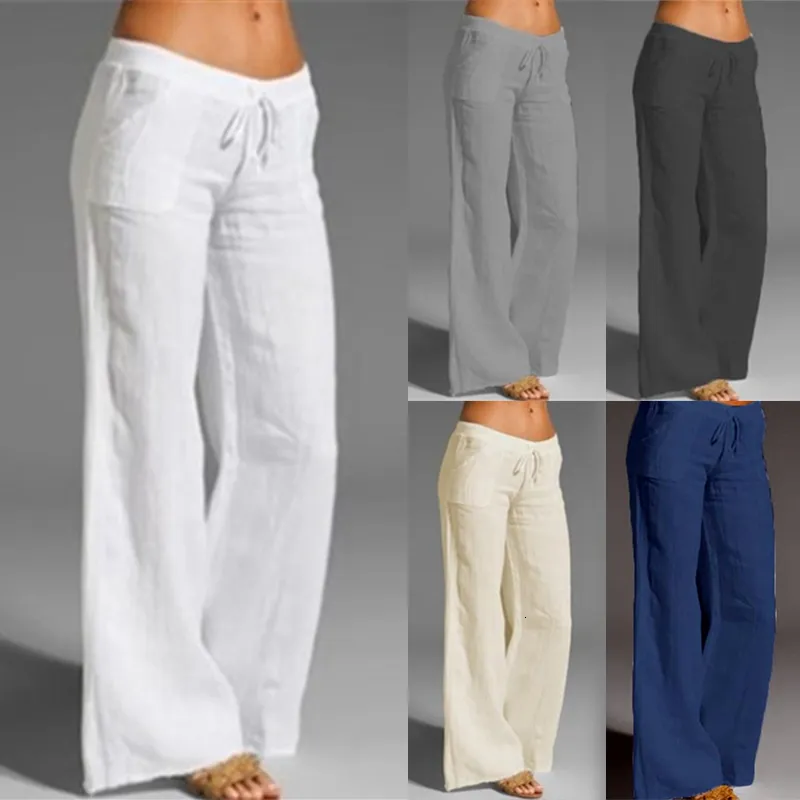 Women's Pants s Summer Women Vintage Solid Color Elastic Waist Cotton Linen Trousers Casual Lady Loose Wide Leg 230619