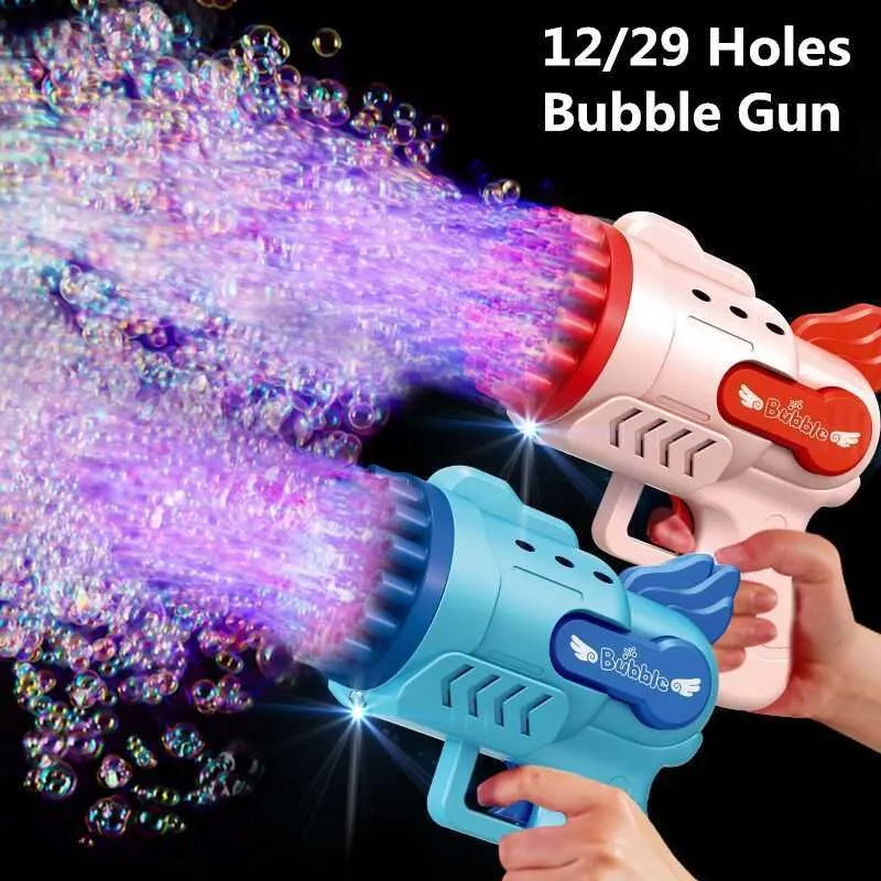 Sand Play Water Fun 12/29 Holes Bubble Gun Toys for Kids Electric Automatic Soap Bubbles Machine with Light Outdoor Wedding Party Decorations Gifts R230620