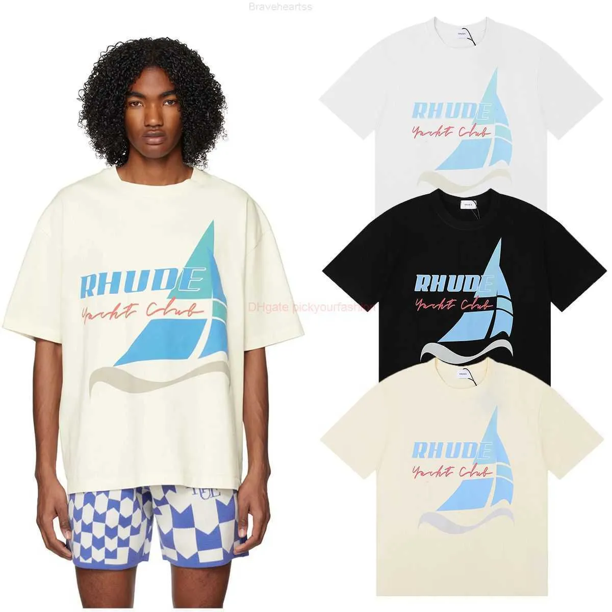 Designer Mode Vêtements Tees Tshirt 2023 Nouveau Rhudeyachtclub Yacht Club Imprimé Double Fil À Manches Courtes Tshirt pour Hommes Femmes Fat Trendy Hommes Coton Streetwear À