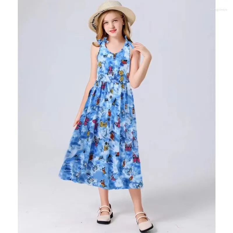 Girl Dresses Summer Butterfly Print Girls' Dress With Waist Fold Strap For Cool And Breathable Mother Daughter Beach Skirt