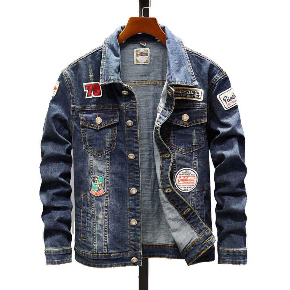 Novo Top Spring and Autumn Arms Badge Men's Blue Stone Mill Jaqueta Denim Jaquetas de couro da marca Estilos masculinos Jaqueta motocicleta