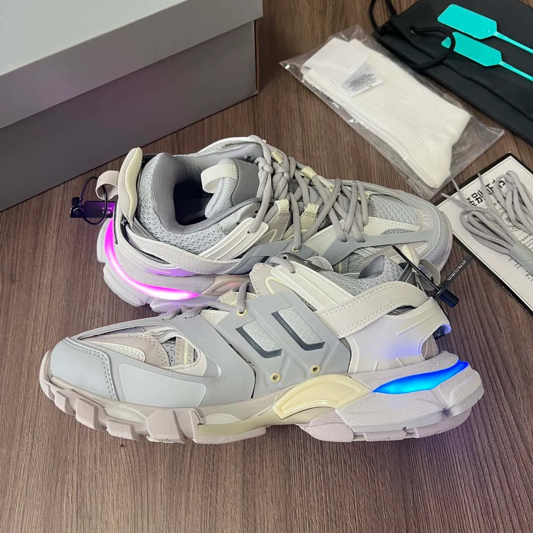 Damskie męskie designerskie buty Buty Balenciegas Tracks LED Pink Sneaker Light Gomma Blue Leather Trainer Nylon Printed Platforma do trampek TG