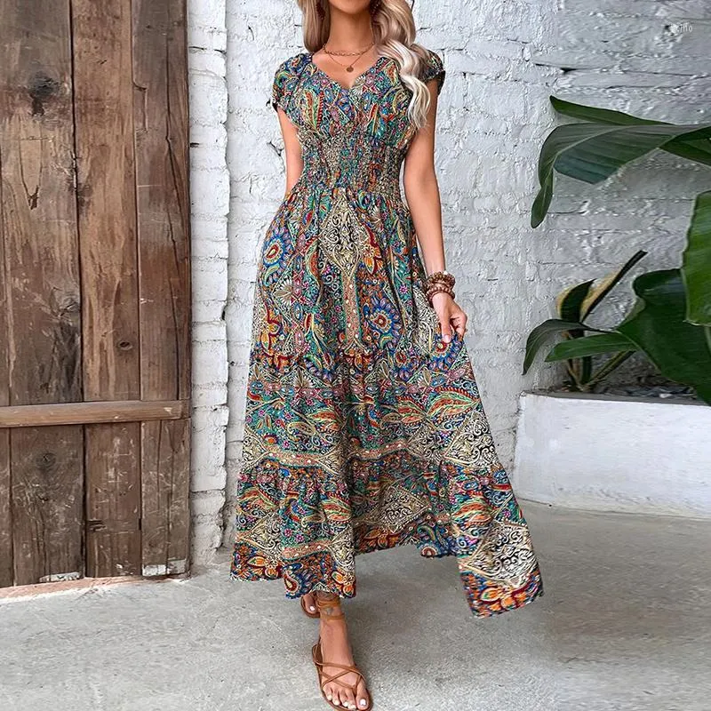 Robes décontractées Femmes Vintage Imprimé longue robe Summer Elegant V Neck Elastic Alastic Maxi 2023 Holiday Bohe Sexy Sexe Short Sleeve A-Line Robe