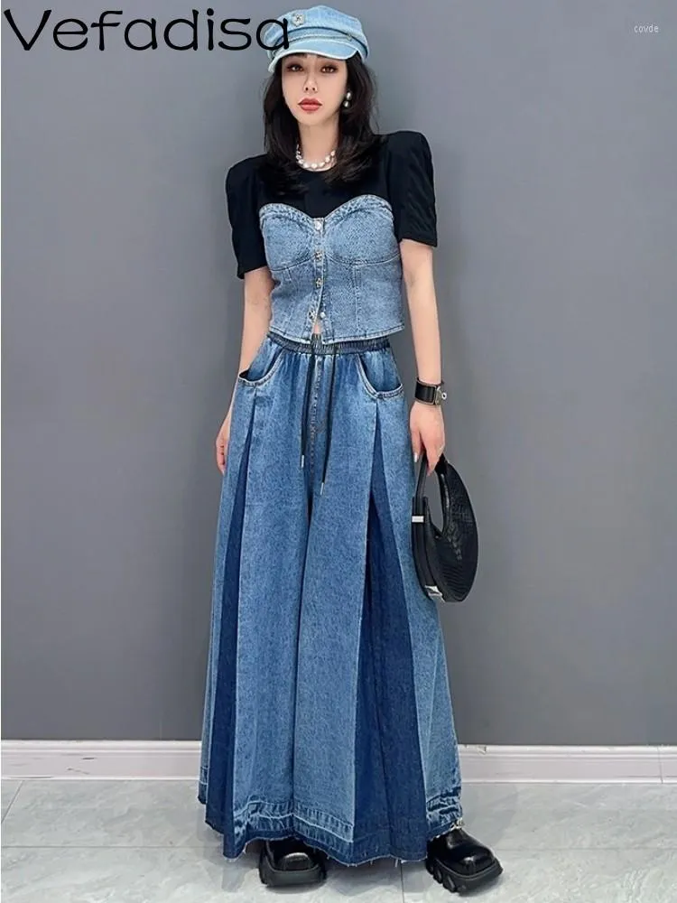 Kvinnors byxor Vefadisa 2023 Summer Woman Denim Wide Leg Fashion Casual Personlig personlig oregelbunden trendiga tjej Jeans ZY755