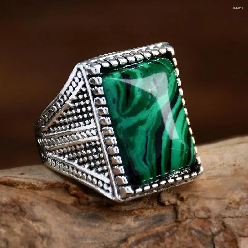 Cluster Rings Luxury Square Inlaid Imitation Malachite Texture Retro Turquoise Jewelry For Men Women Party Wedding Ethnic Gifts R056