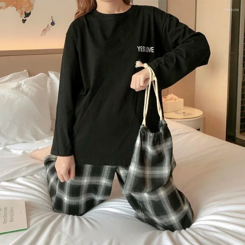 Women's Sleepwear Home Clothes For Women Set Plaid Pants Letter Solid Top Pajamas Pijamas Mujer Spring And Autum Pyjamas