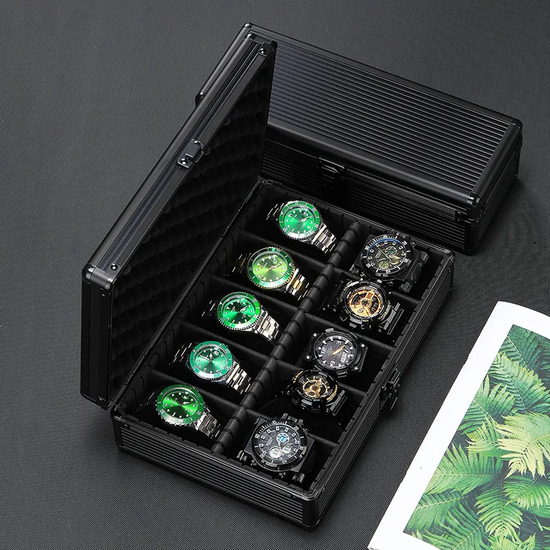 Watch Boxes Cases 510 grids Black Aluminum Alloy Watch Storage Box Suitcase Case Display Mobile Bulkhead Organizer Box for Men Soft Watch Pillow 230619