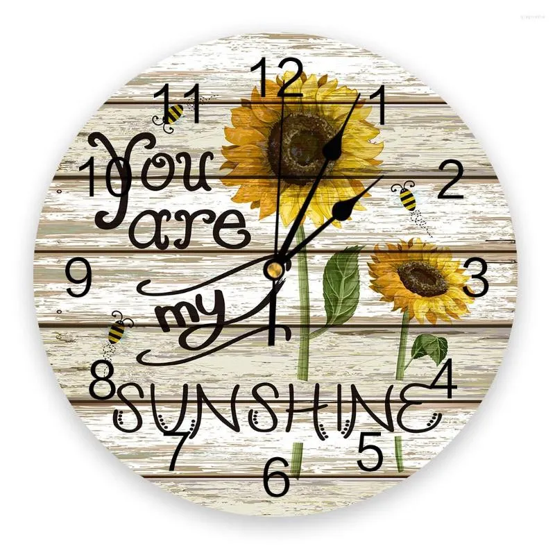 Wall Clocks Idyllic Sunflower Bee Vintage Wooden Board Print Clock Art Silent Round Watch For Home Decortaion Gift