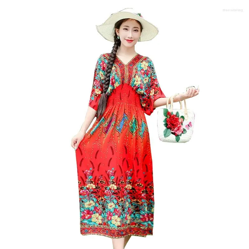 Casual Dresses Cotton Silk Dress Women Ethnic Style Printed 2023 Spring Summer Half Sleeve V-neck Loose Female Mujer Vestidos
