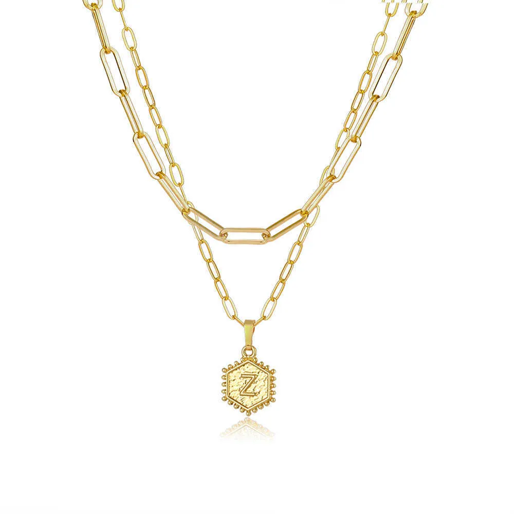 Dainty Layered Initial Necklaces For Women - 14K Gold Plated Hexagon Letter Pendant & Paperclip Chain Set - View #2