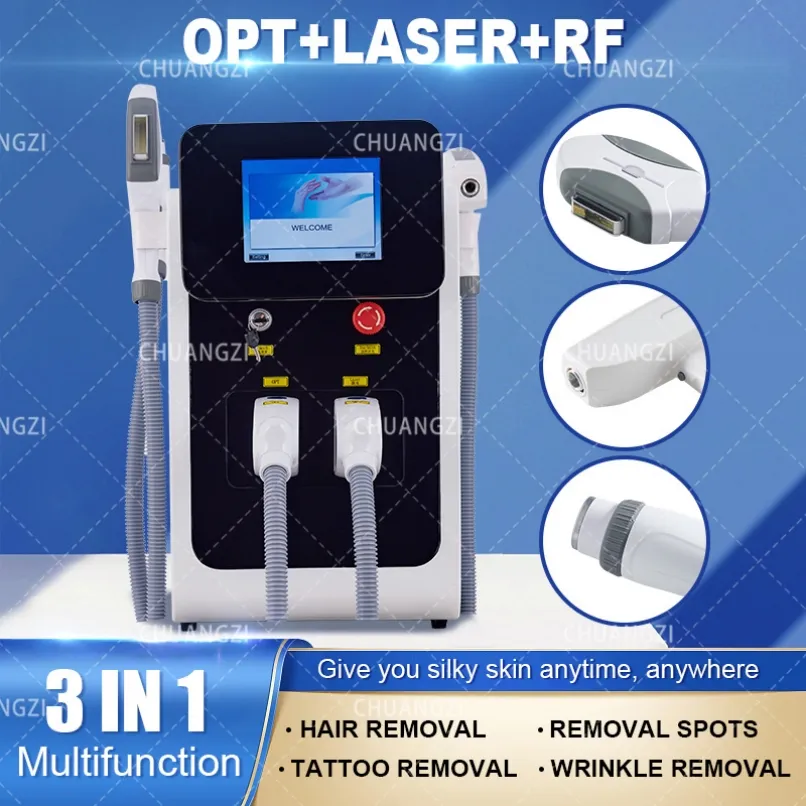 HOT 3 IN1 IPL RF ND YAGレーザー多機能タトゥー除去マシンパーマネントレーザー脱毛ビューティー機器