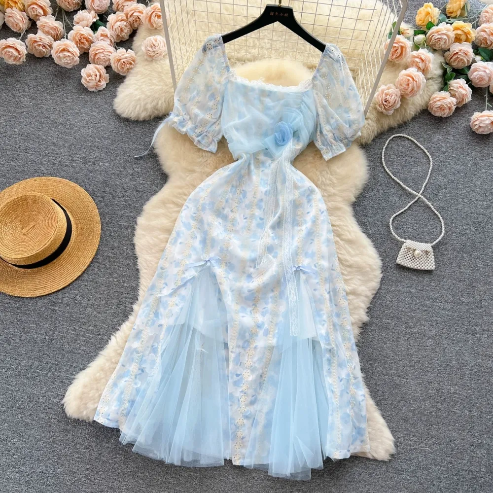 Square Neck Fairy Dress with Puff Short Sleeves and Floral Pattern Mid-Calf  Length Empire Waist from Dhgate Basic & Casual Dresses - price 38.2