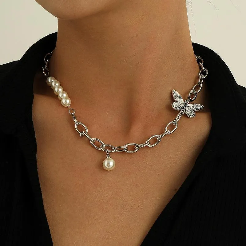 Подвесные ожерелья мода простые бабочки жемчужные ожерелье Женщины личность панк панк клавиля
