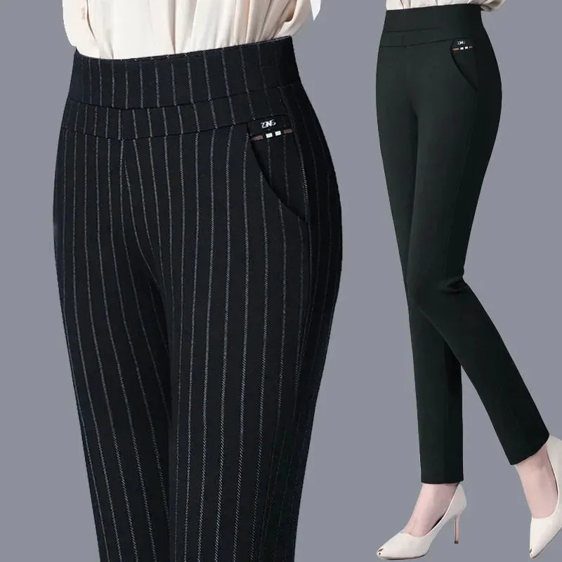 M-5XL women's trousers with diamond stripes/solid color formal 9-point