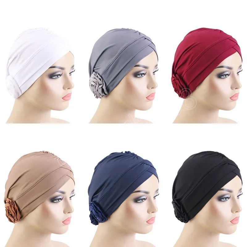 Women flower Forehead Cross Muslim turban Chemo Bandana Stretch islamic Inner hijab Cap Arab wrap head Scarves turbante mujer