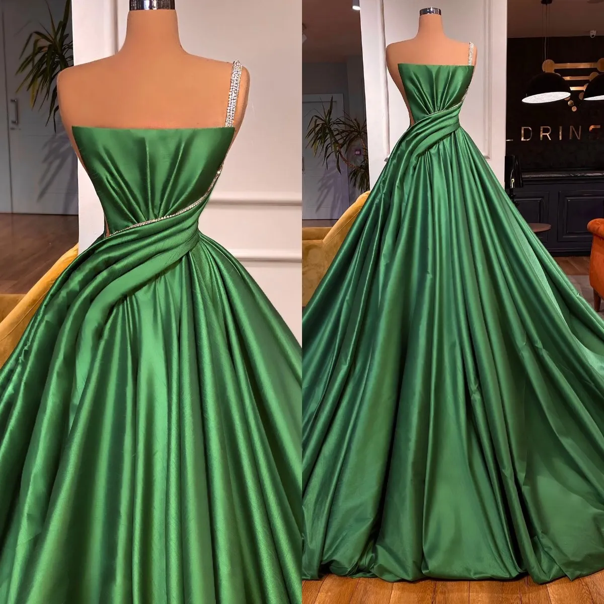 Elegante abito da sera verde con perline spaghetti A Line Party Prom Dresses Sweep Train Abito lungo formale per occasioni speciali