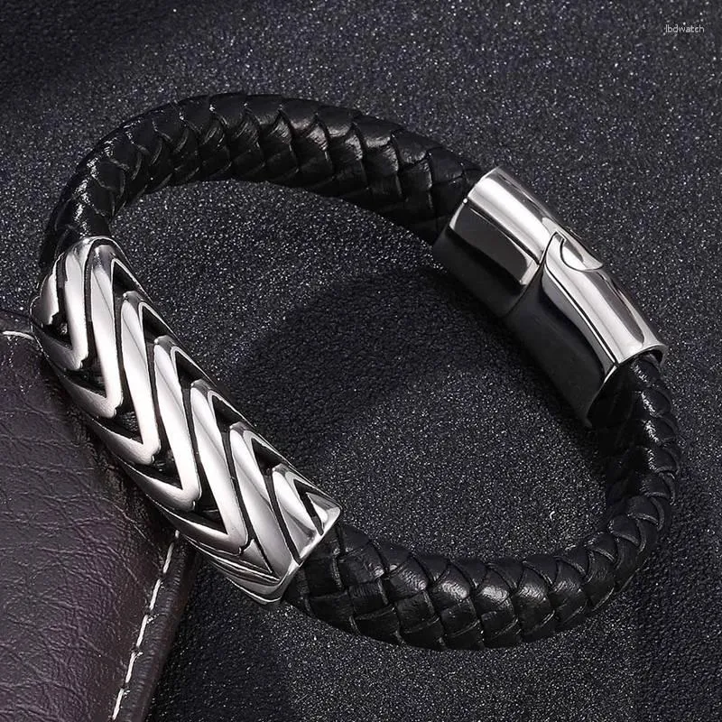 Braccialetti con ciondoli Gioielli da uomo punk Bracciale in pelle intrecciata nera Chiusure magnetiche in acciaio inossidabile Braccialetti Cinturino da polso maschile Semplice PW793