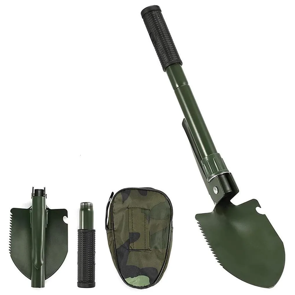 Manual shovel Outdoor Foldable Shovel Multifunctional Carbon Steel Camping Spade with Storage Bag Spatula Engineer Emergency Green 230620