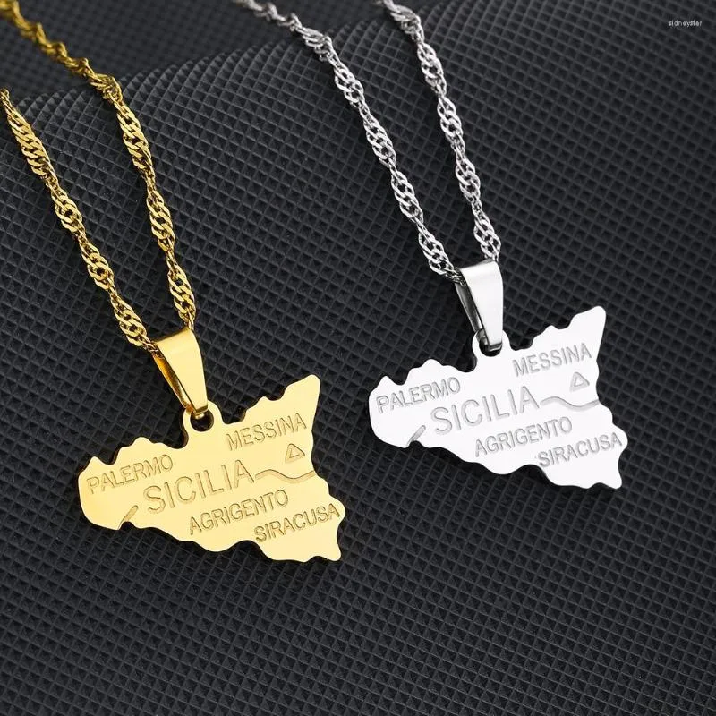 Pendant Necklaces 2023 Italy Sicily Map With City Name Gold Color Italian Sicilia Stainless Steel Jewelry For Women Gifts