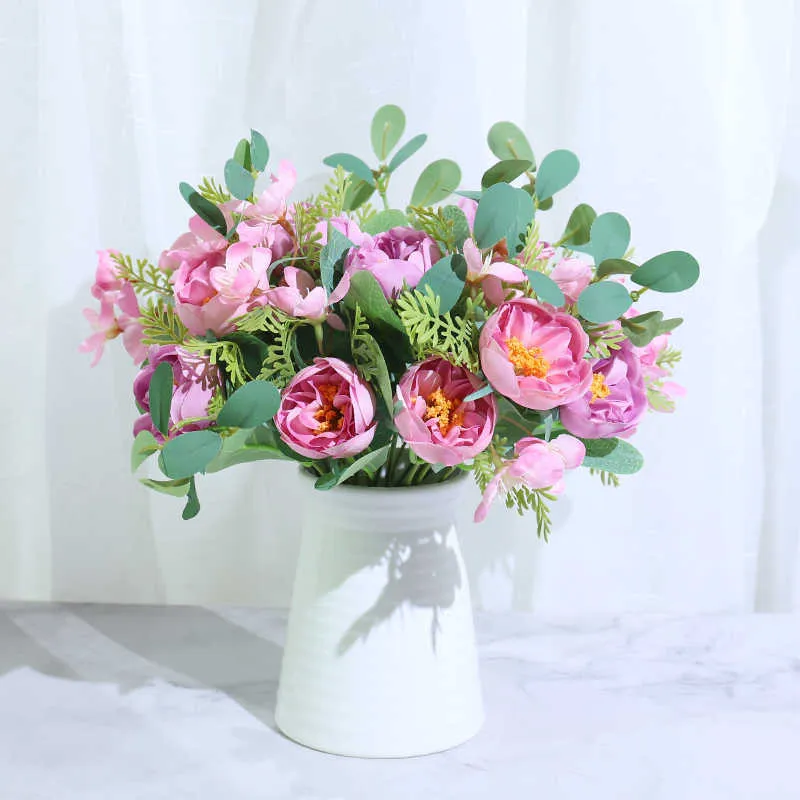 Сухоцветы Белая роза Искусственный букет пионов высокого качества на Рождество Домашнее свадебное украшение DIY Craft Шелковая подделка