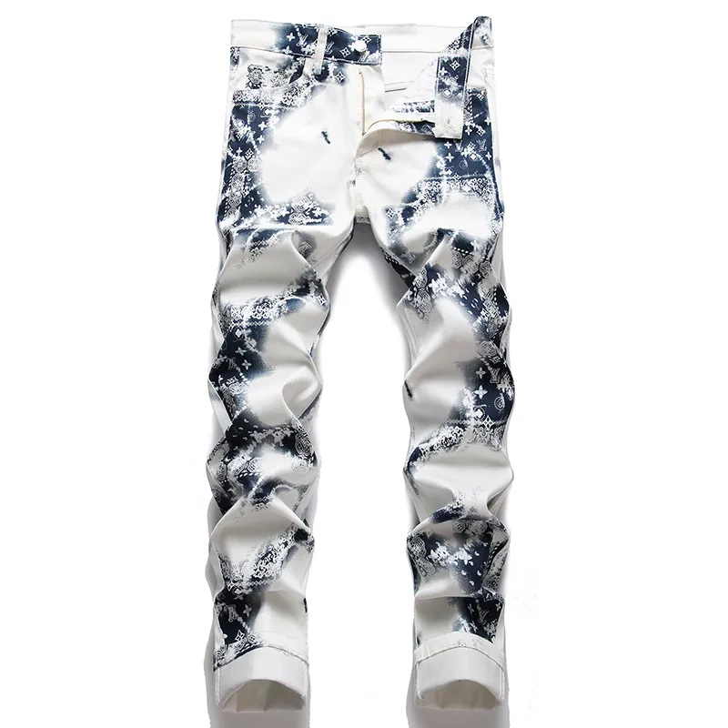 White Printed Men's Jeans Summer Casual Stretch Printed Pants Pantalones Para Hombre Vaqueros