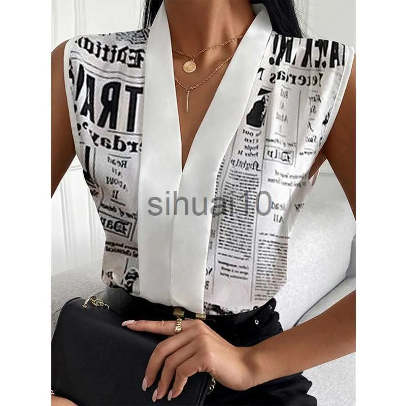 Bluzki damskie koszule kobiety letnia moda kobieta nespaper nadruk v szyja długie bezkształcone bluzki J230621