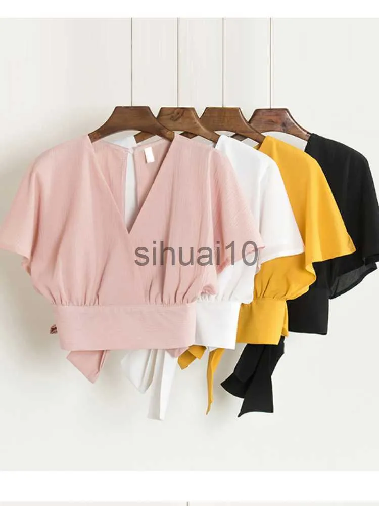 Blusas Femininas Camisas Woherb 2023 Blusa de Manga Curta de Verão Feminino Crop Tops Elegante Back Bow Bandage Shirt Ladies Backless Kawaii Beach Cute Blusas J230621