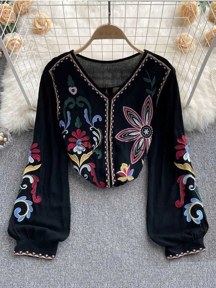 Kvinnors blusar Skjortor Bohemian Blus broderad översta vår sommaren ny V-ringlös Loose Lantern ärmar Etnisk bomullslinne Skjorta Tide Female Blusa D1105 J230621