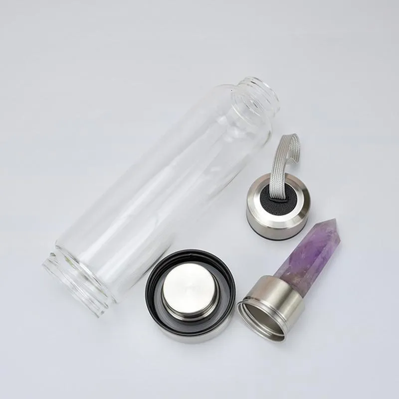 2020 New 500ML Natural Gemstone Glass Carafe Direct Drinking Crystal Stick Cup Glass Bottle with Rope