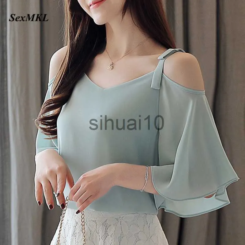 Women's Blouses Shirts SEXMKL Sexy Chiffon Summer Blouse Women 2023 Fashion Casual Butterfly Sleeve Shirt Korean Ladies Tops White Blouses Blusas Mujer J230621