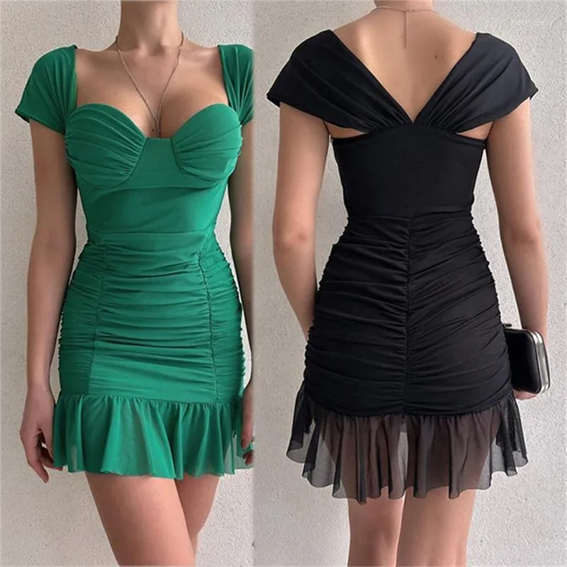 Lässige Kleider für Damen, kurz, Flügelärmel, Rüschen, Netzsaum, gerafft, figurbetont, Minikleid, sexy V-Ausschnitt, rückenfrei, A-Linie, Paket, Hüfte, Cocktail-Tropfen