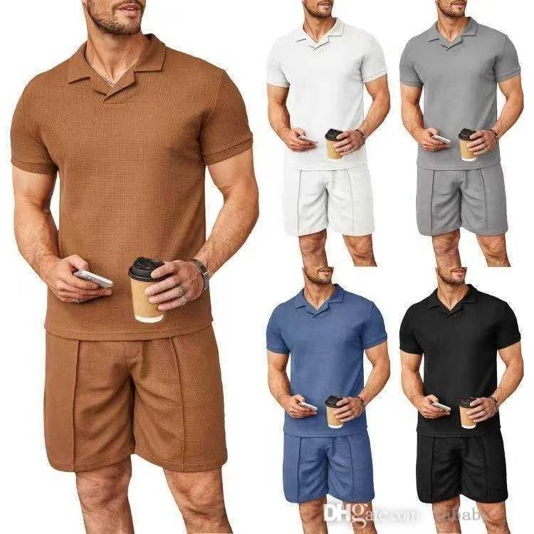 Summer Mens Tracksuits Plus Size M-3XL Sportswear 2 Piece Pants Set Waffle V-neck Short Sleeve Polo Shirt T-shirt Sweatsuits 2023 Fashion Clothing Casual Suit