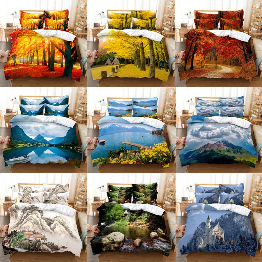 Sängkläder set 3D HD Scenic Quilt Cover Däcke kudde fall säng set linne skräs scen skog kung drottning tvilling en enda dubbel 3 st 2 st hem textil 230620