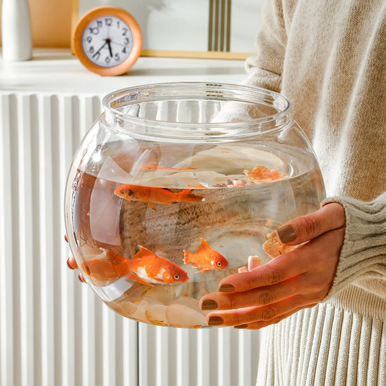 SCLIONGE Large Clear Plastic Fish Bowl - 12.2" Round Desktop Aquarium For Betta Fish Or As Decorative Vase
