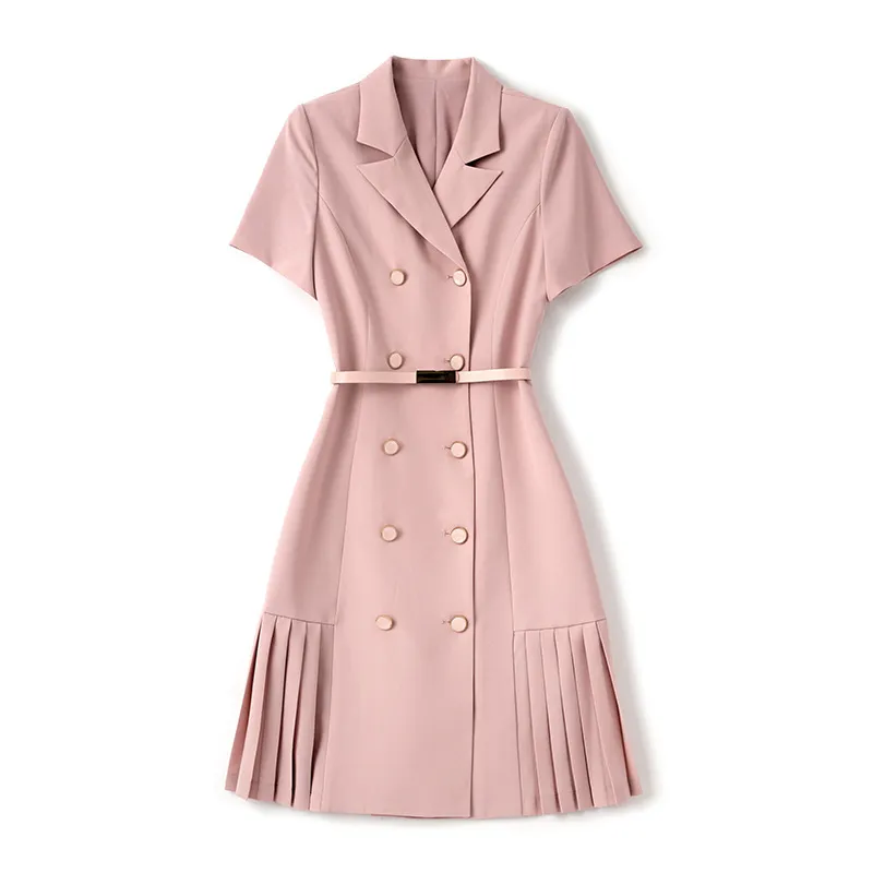 2023 Summer Pink Solid Color midja bälte klänning Kort ärm Lapel Neck-knappar Knäslängd Casual Dresses W3L049508